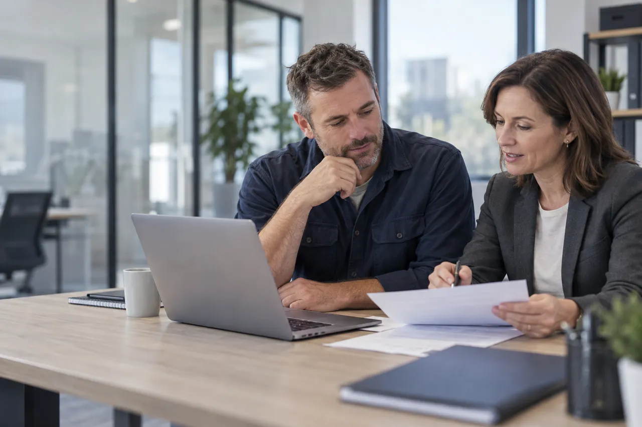 A man in a navy work shirt and a woman in a grey blazer discussing paperwork beside a laptop.
