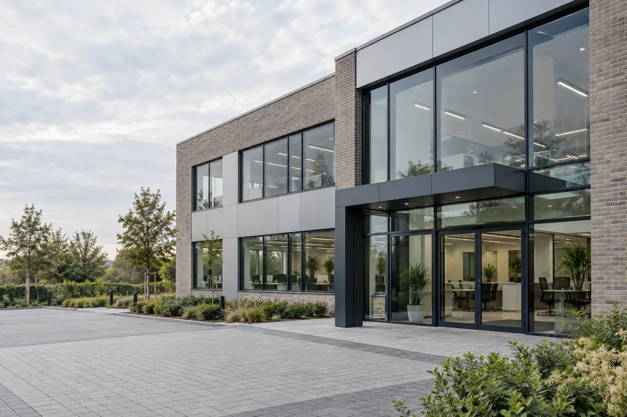 A two-storey commercial building with large windows and a glazed entrance beside a paved forecourt.