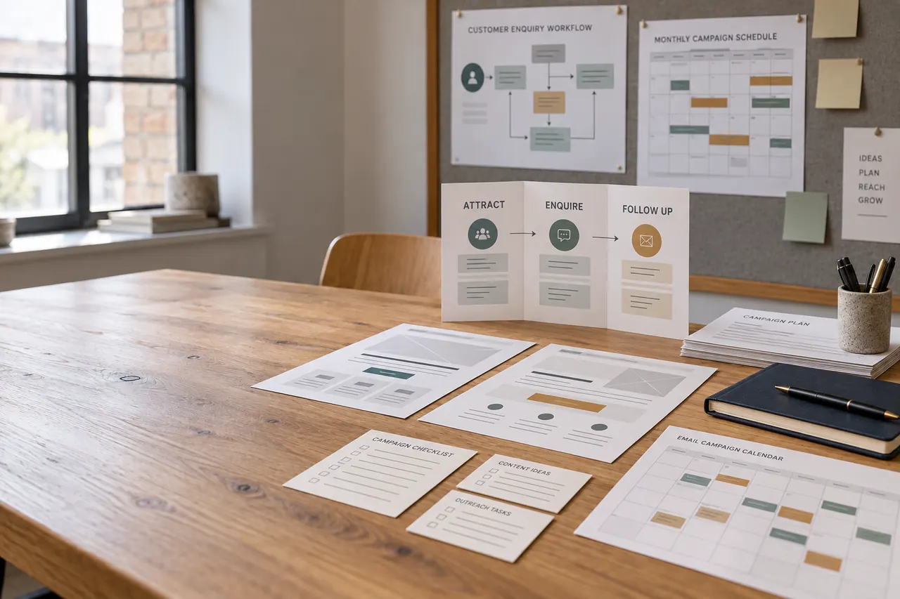 Campaign calendars, landing-page layouts and an attract, enquire and follow-up plan arranged on an office desk.