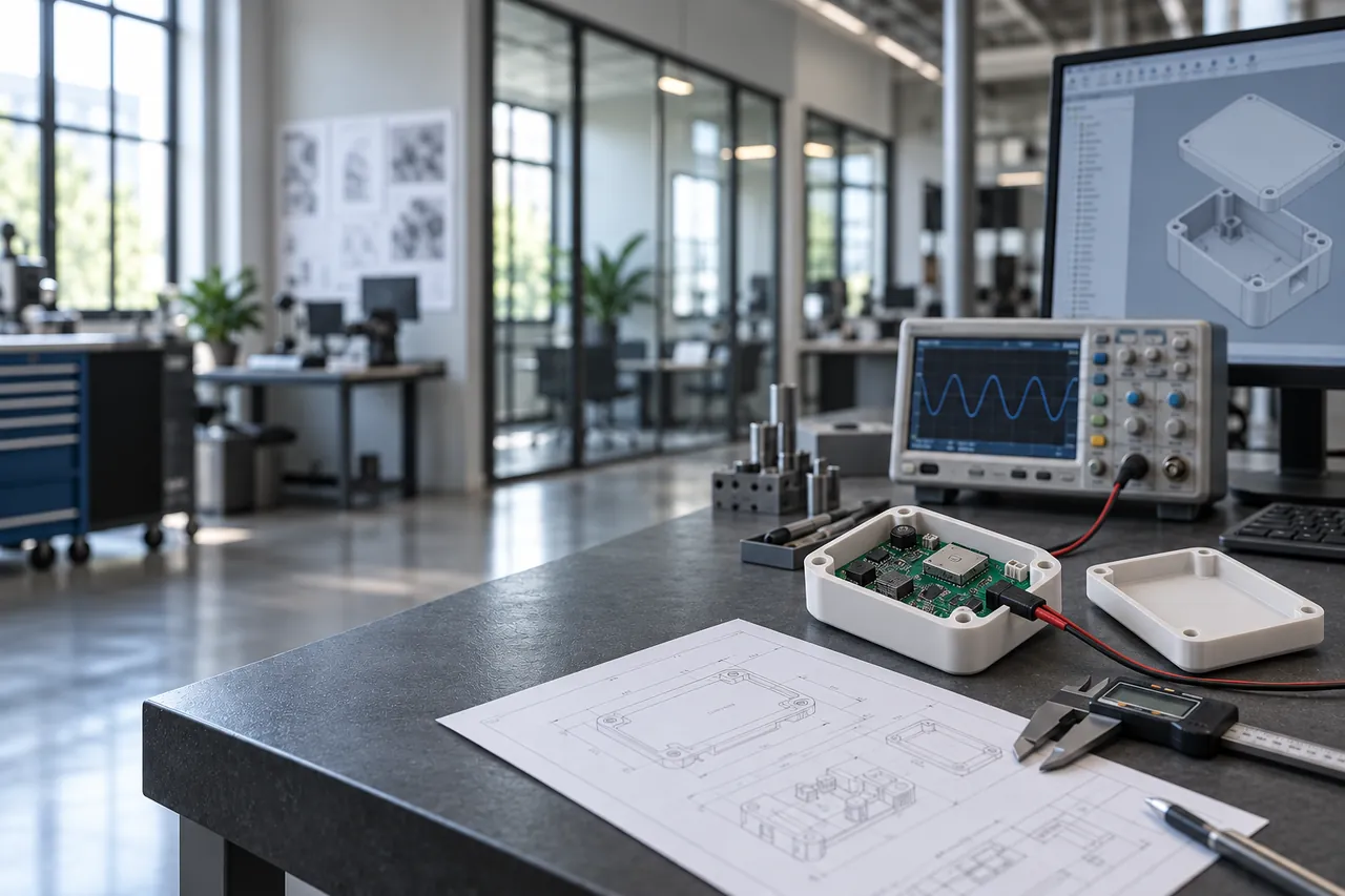 An electronic circuit board in an open white enclosure beside an oscilloscope, technical drawings and a CAD screen.