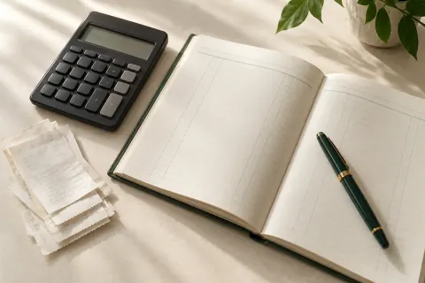 Calculator, open ledger, receipts and a green pen on a light tabletop